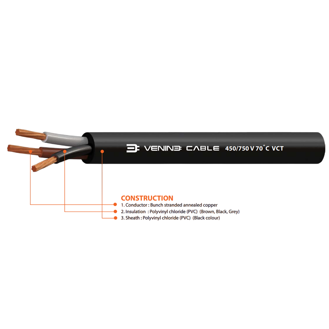 สายไฟ VENINE รุ่น 450/750 V 70˚C VCT พื้นที่หน้าตัด 6 จำนวนแกน 3 ประเภทของตัวนำ 5