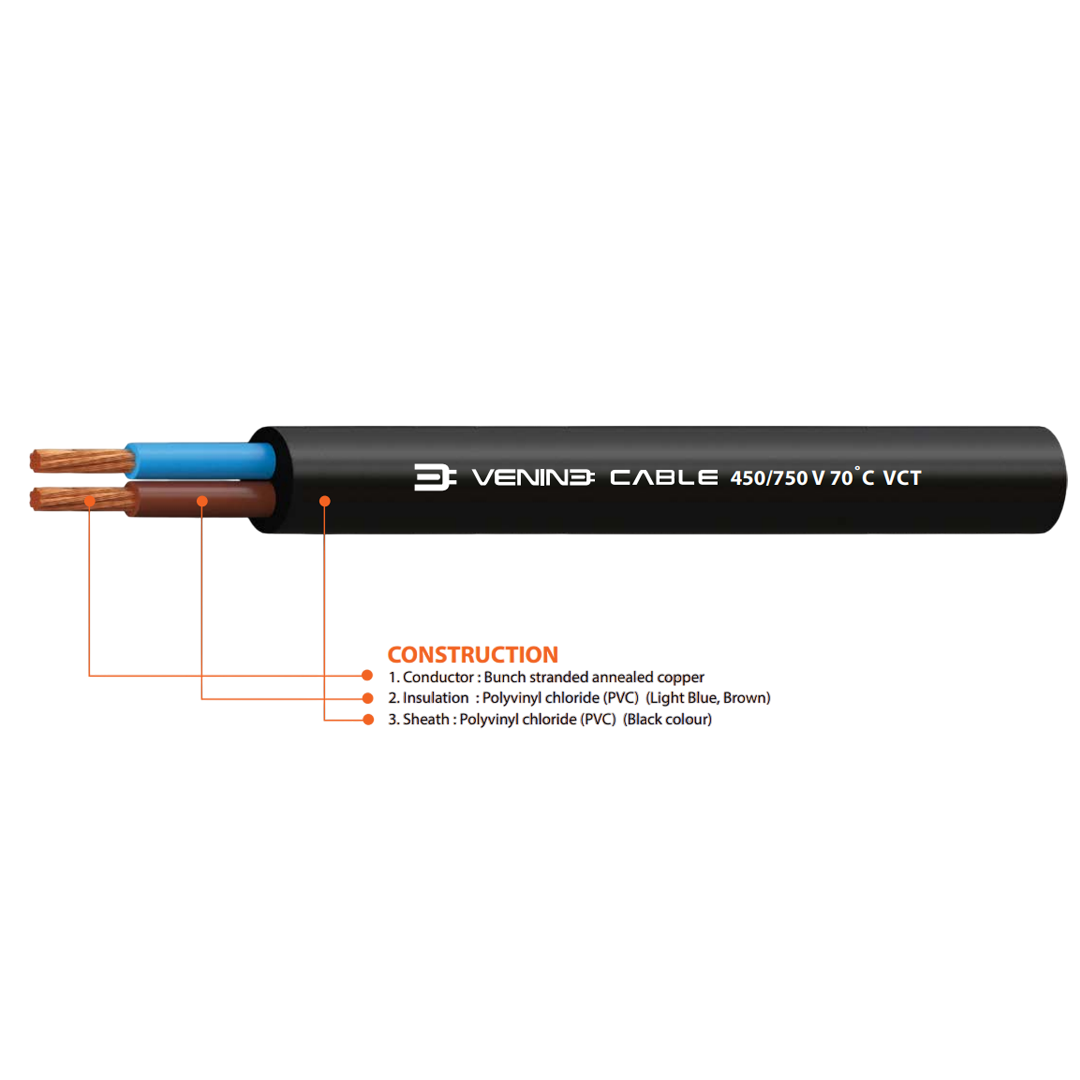 สายไฟ VENINE รุ่น 450/750 V 70˚C VCT พื้นที่หน้าตัด 25 จำนวนแกน 2 ประเภทของตัวนำ 5