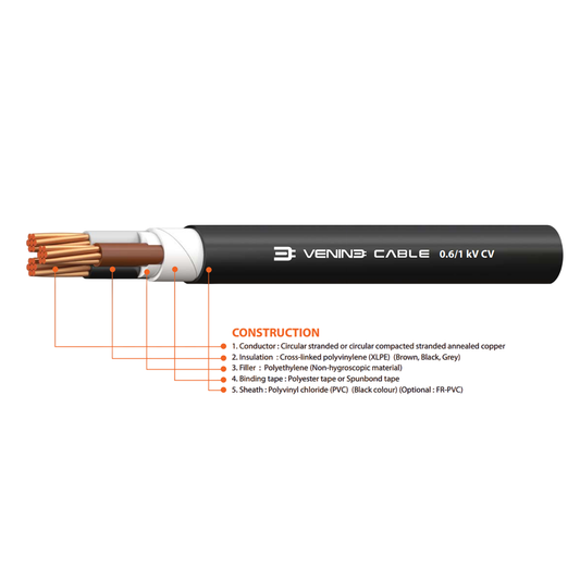 สายไฟ VENINE รุ่น 0.6/1 kV CV พื้นที่หน้าตัด 16 จำนวนแกน 3 จำนวนเส้นลวด 6