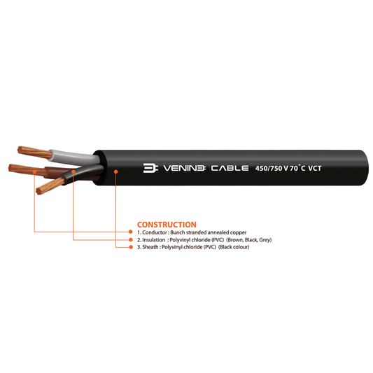 สายไฟ VENINE รุ่น 450/750 V 70˚C VCT พื้นที่หน้าตัด 35 จำนวนแกน 3 ประเภทของตัวนำ 5