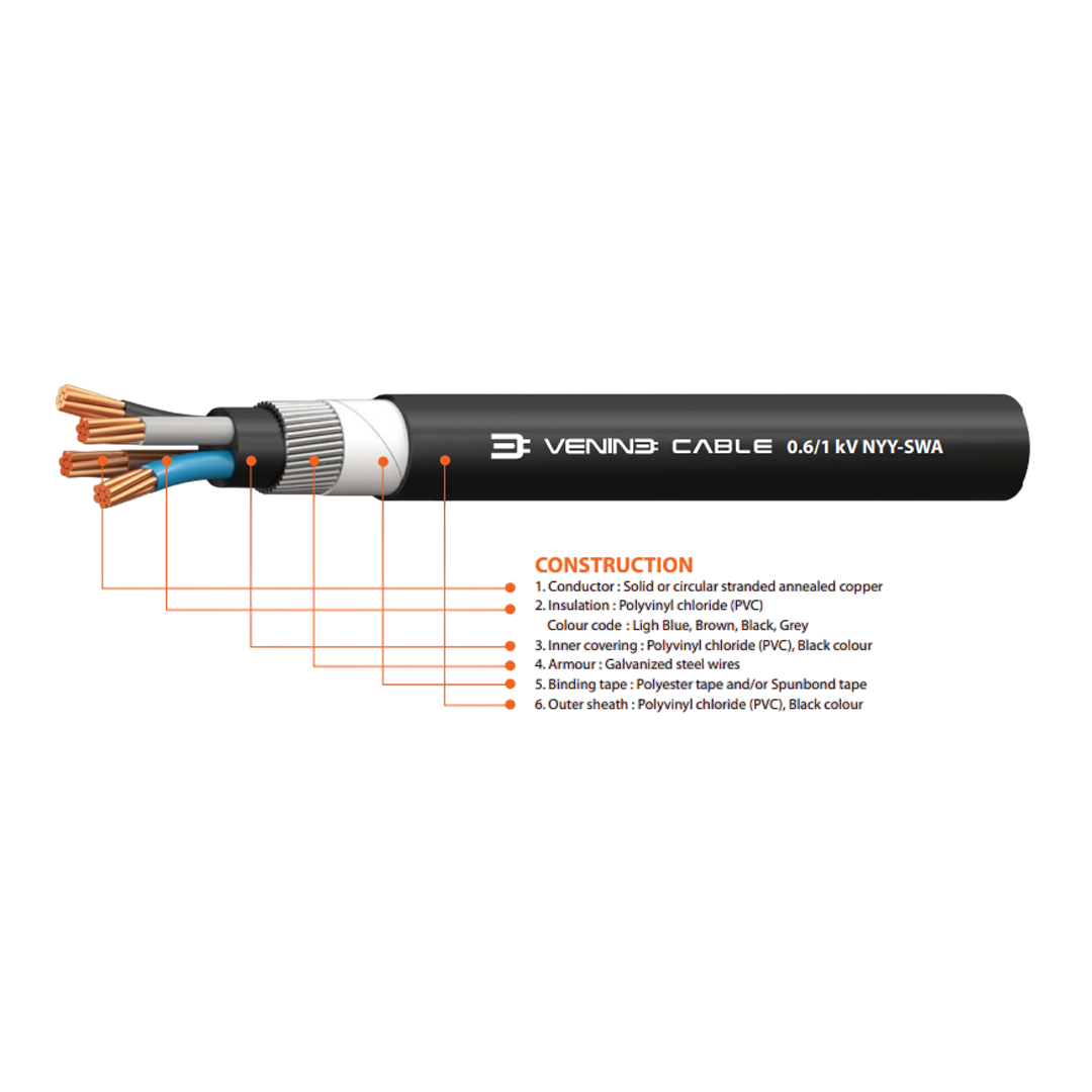 สายไฟ VENINE รุ่น 0.6/1 kV NYY-SWA พื้นที่หน้าตัด 185 จำนวนแกน 4 จำนวนเส้นลวด 37