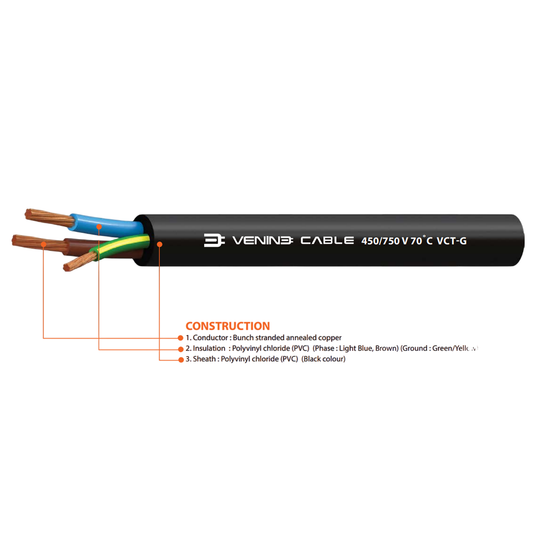 สายไฟ VENINE รุ่น 450/750 V 70˚C VCT-G พื้นที่หน้าตัด 25 จำนวนแกน 2+G ประเภทของตัวนำ 0.41