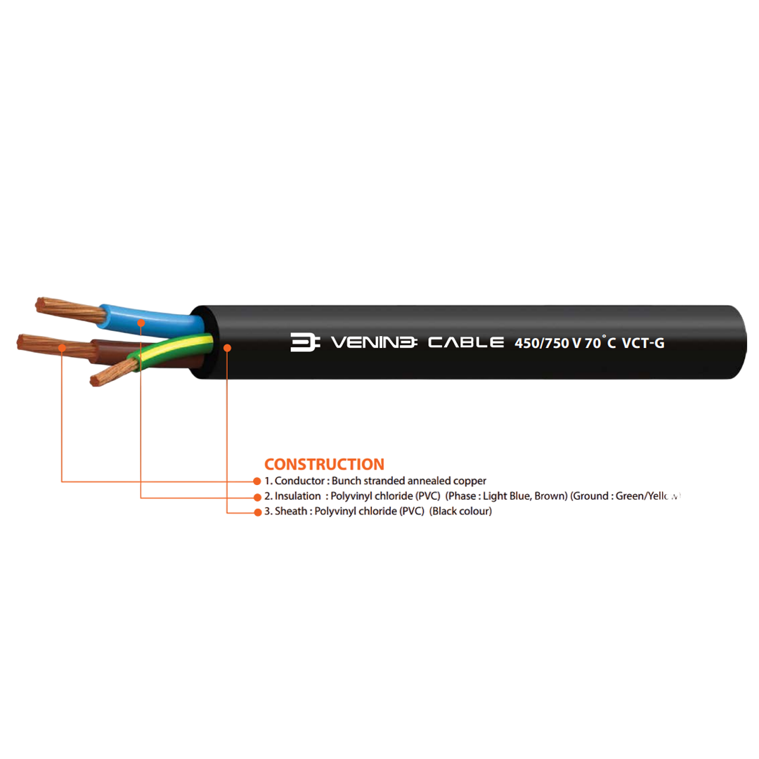 สายไฟ VENINE รุ่น 450/750 V 70˚C VCT-G พื้นที่หน้าตัด 4 จำนวนแกน 2+G ประเภทของตัวนำ 0.31