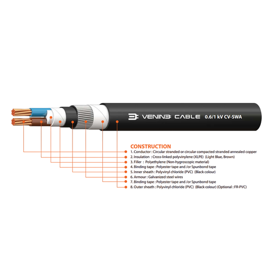 สายไฟ VENINE รุ่น 0.6/1 kV CV-SWA พื้นที่หน้าตัด 2.5 จำนวนแกน 2 จำนวนเส้นลวด 7