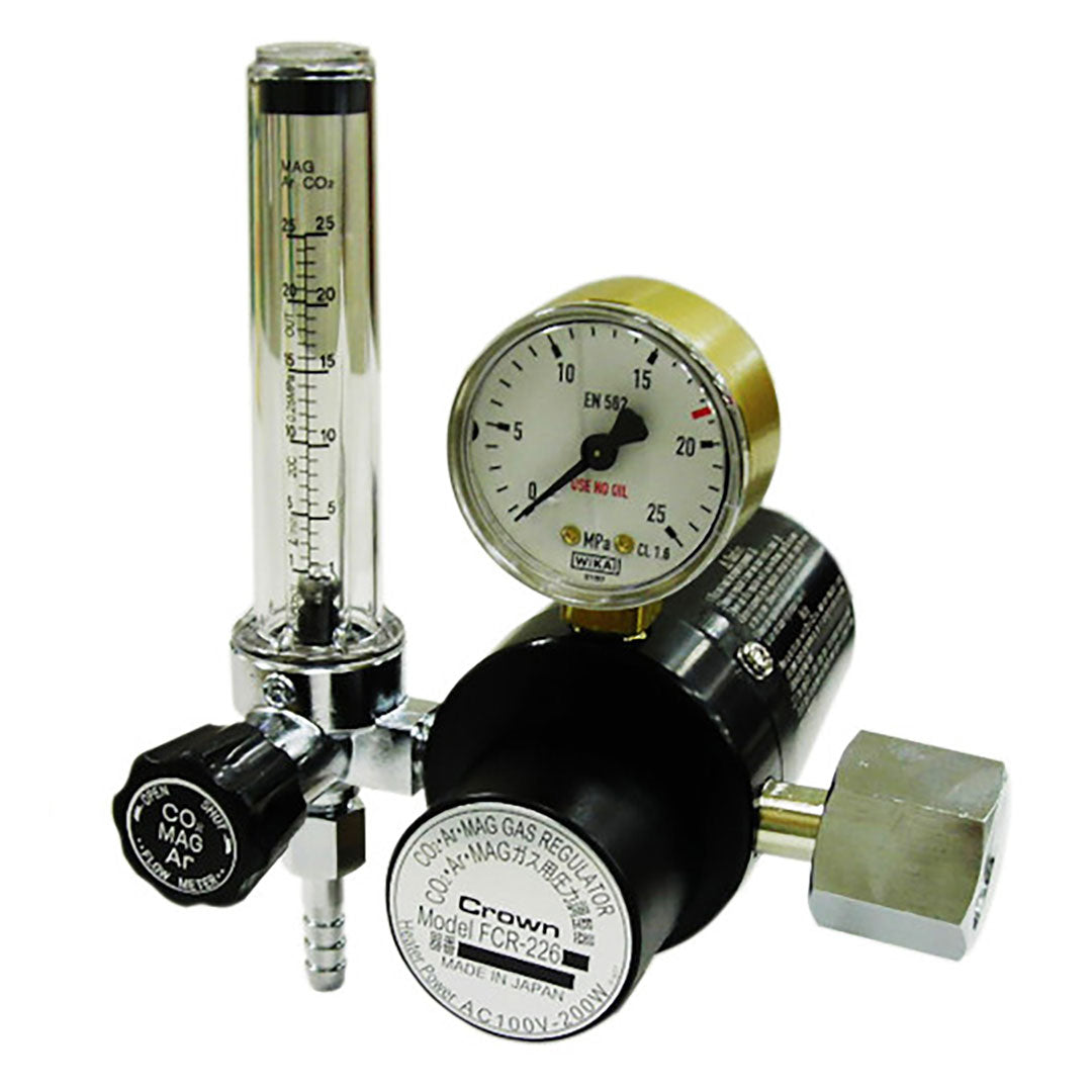 Pressure Regulator  Yutaka Crown  เครื่องปรับแรงดันสองระดับพร้อมฮีตเตอร์ในตัวพร้อมมิเตอร์วัดอัตราการไหลสำหรับ Crown MAG, Ar และ CO2 แก๊ส FCR-226 รหัสสินค้า FCR-226