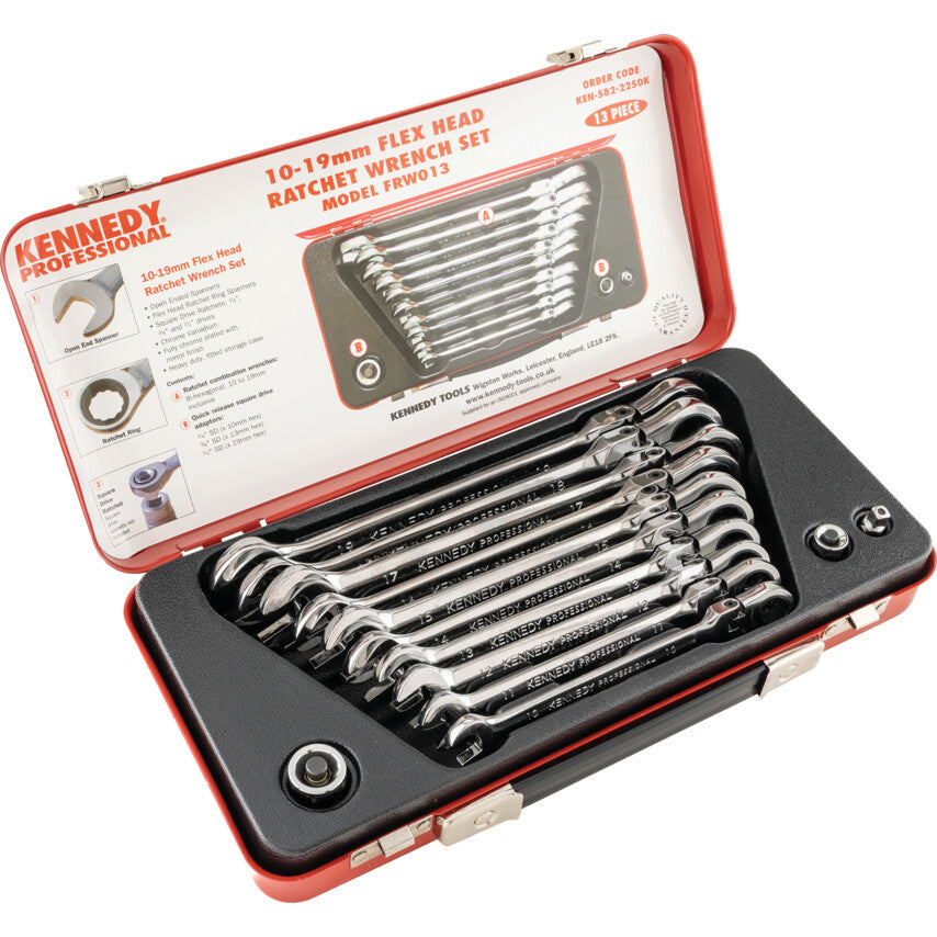 10-19mm FLEX HEAD RATCHET SPANNERSET 13PC