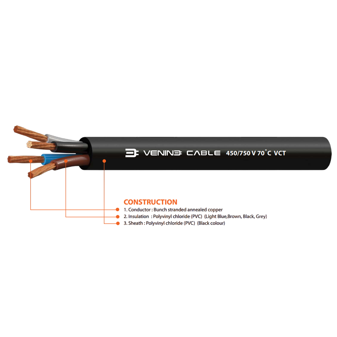 สายไฟ VENINE รุ่น 450/750 V 70˚C VCT พื้นที่หน้าตัด 10 จำนวนแกน 4 ประเภทของตัวนำ 5