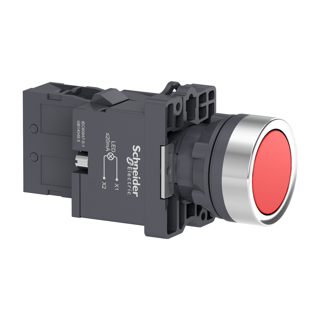 Push button switch Schneider XA2 (สวิทช์ปุ่มกดมีไพลอตแลมป์ หัวเรียบ - กดเด้งกลับ) 220V (50/60Hz)