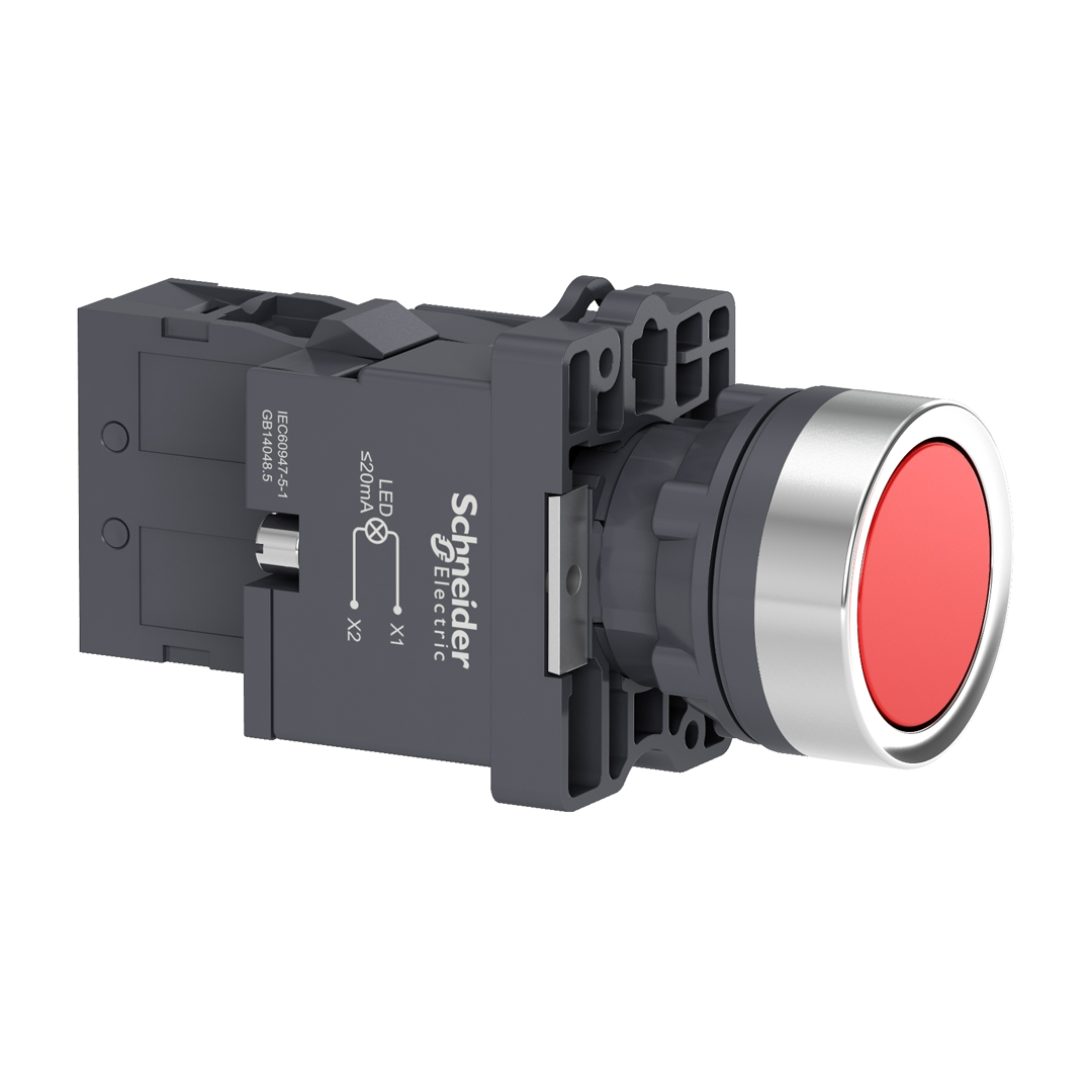 Push button switch Schneider XA2 (สวิทช์ปุ่มกดมีไพลอตแลมป์ หัวเรียบ - กดเด้งกลับ) 380V (50/60Hz)