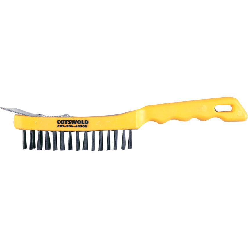 4-ROW PLASTIC HANDLE WIRE BRUSHC/W SCRAPER