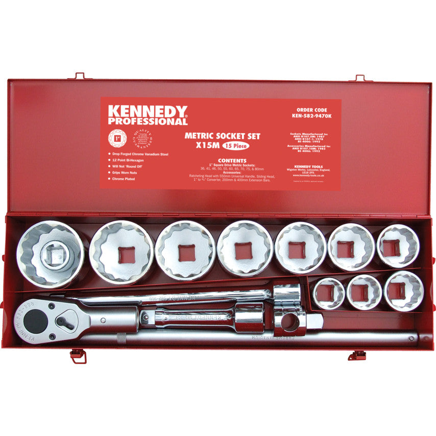 METRIC SOCKET SET 15PC 1"SQ. DR.